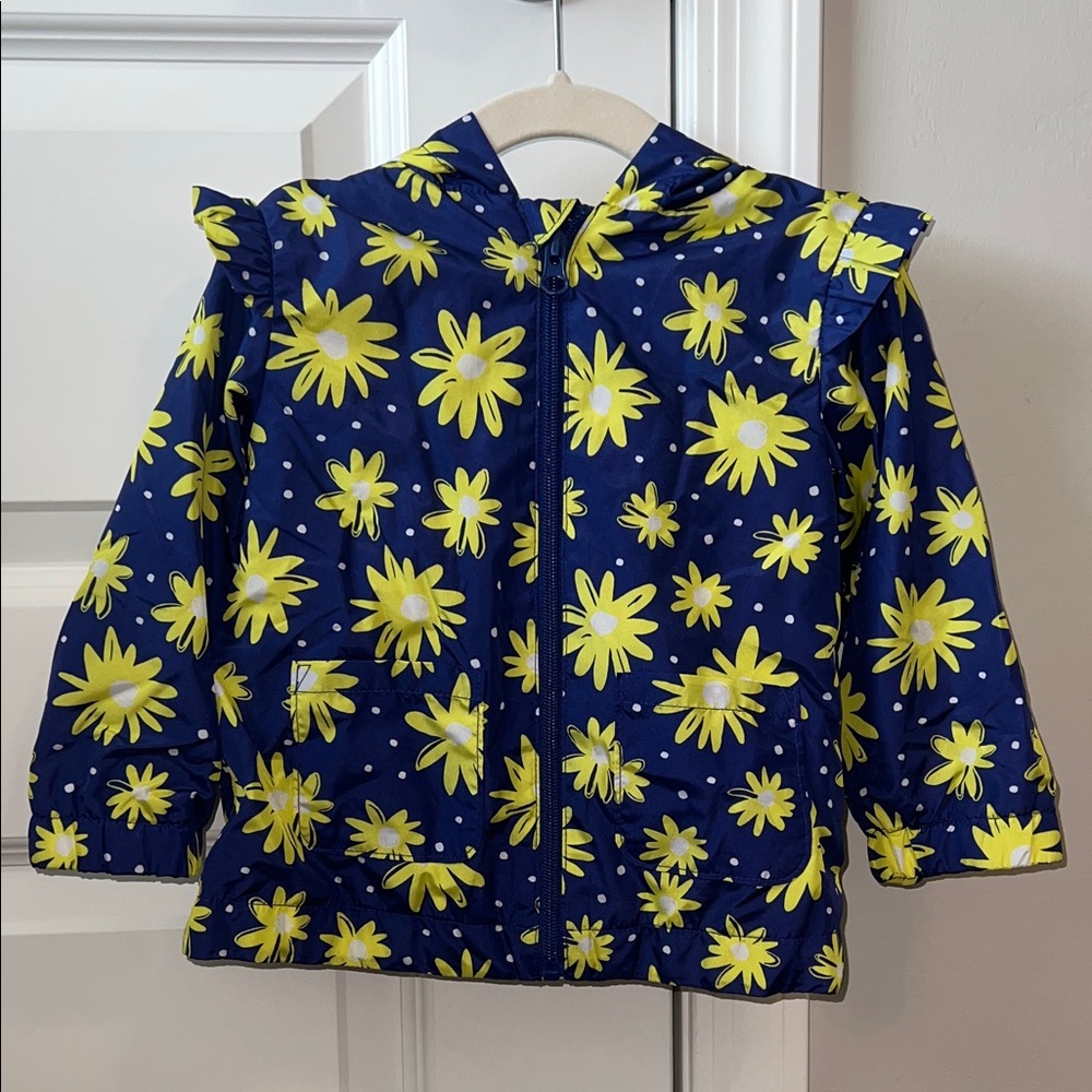 Kids Floral Daisy Ruffle Navy Rain Jacket with Pockets